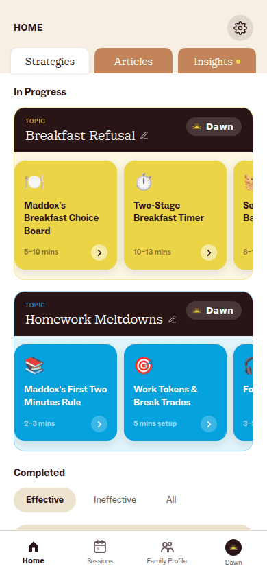 Kinspire Home Strategies screen with Breakfast Refusal and Homework Meltdowns topics